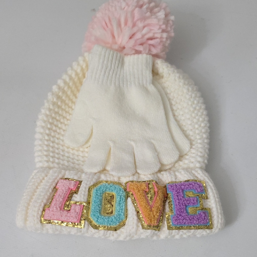 Kids LOVE Knit Beanie and Gloves Set - Cream and Multicolor